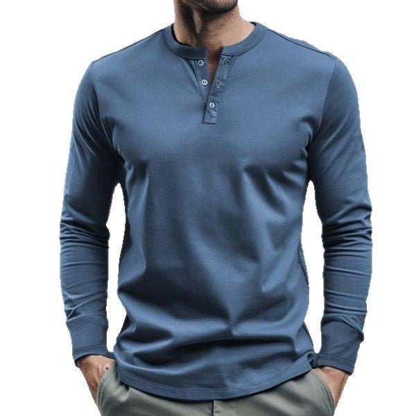 Men's long-sleeve Henley longsleeve with standing collar, 3-button placket, and elastic cotton stretch Mune Fashion