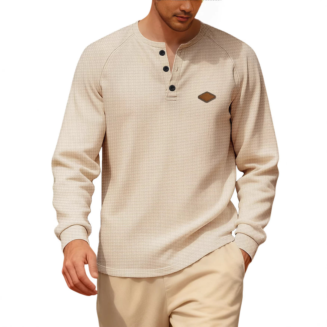 Men's Waffle Knit Henley Long Sleeve Shirt with Raglan Sleeves, Half Button Placket and Leather Label Mune Fashion