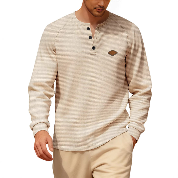 Men's Waffle Knit Henley Long Sleeve Shirt with Raglan Sleeves, Half Button Placket and Leather Label Mune Fashion
