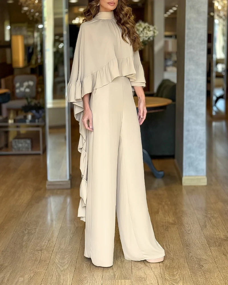 Women's Elegant Jumpsuit with Cape Ruffle and Wide Palazzo Pants Leg Drune