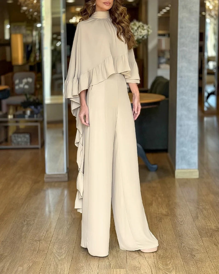 Women's Elegant Jumpsuit with Cape Ruffle and Wide Palazzo Pants Leg Drune