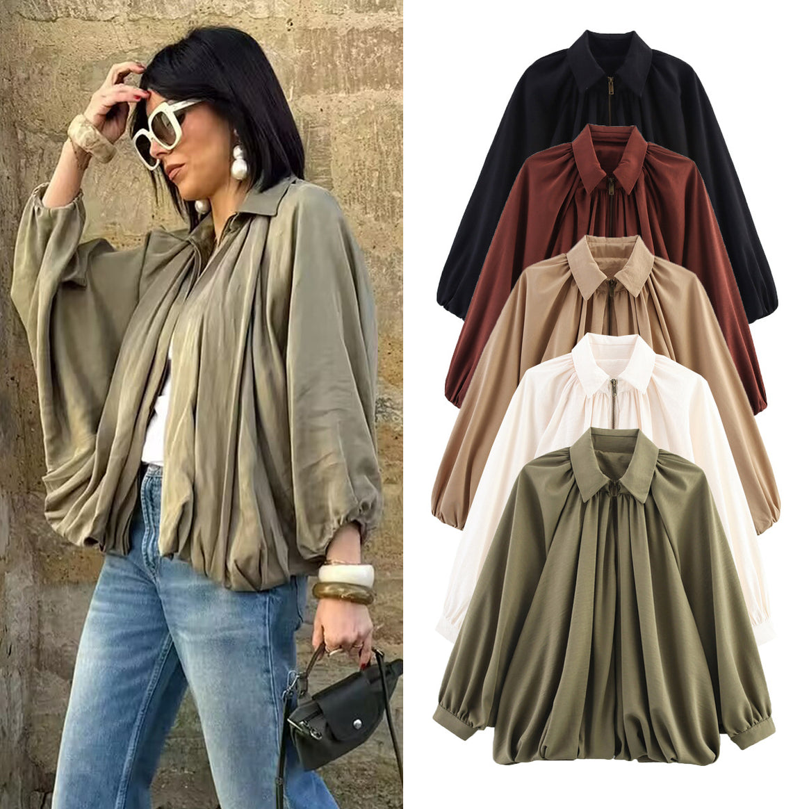 Women's Loose Ruched Blouse Jacket with Zipper and Balloon Sleeves Mune Fashion