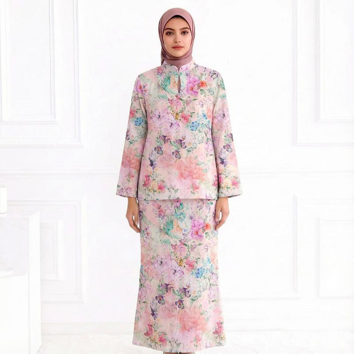 Ladies Two-Piece Modest Set consisting of Tunic with Stand-up Collar and Straight Maxi Skirt with Floral Print Mune Fashion