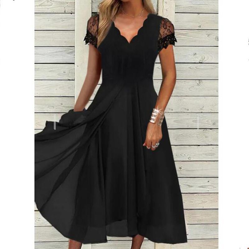 Ladies flowing midi dress with curved V-neck, fitted A-line silhouette, and delicate lace sleeves Mune Fashion