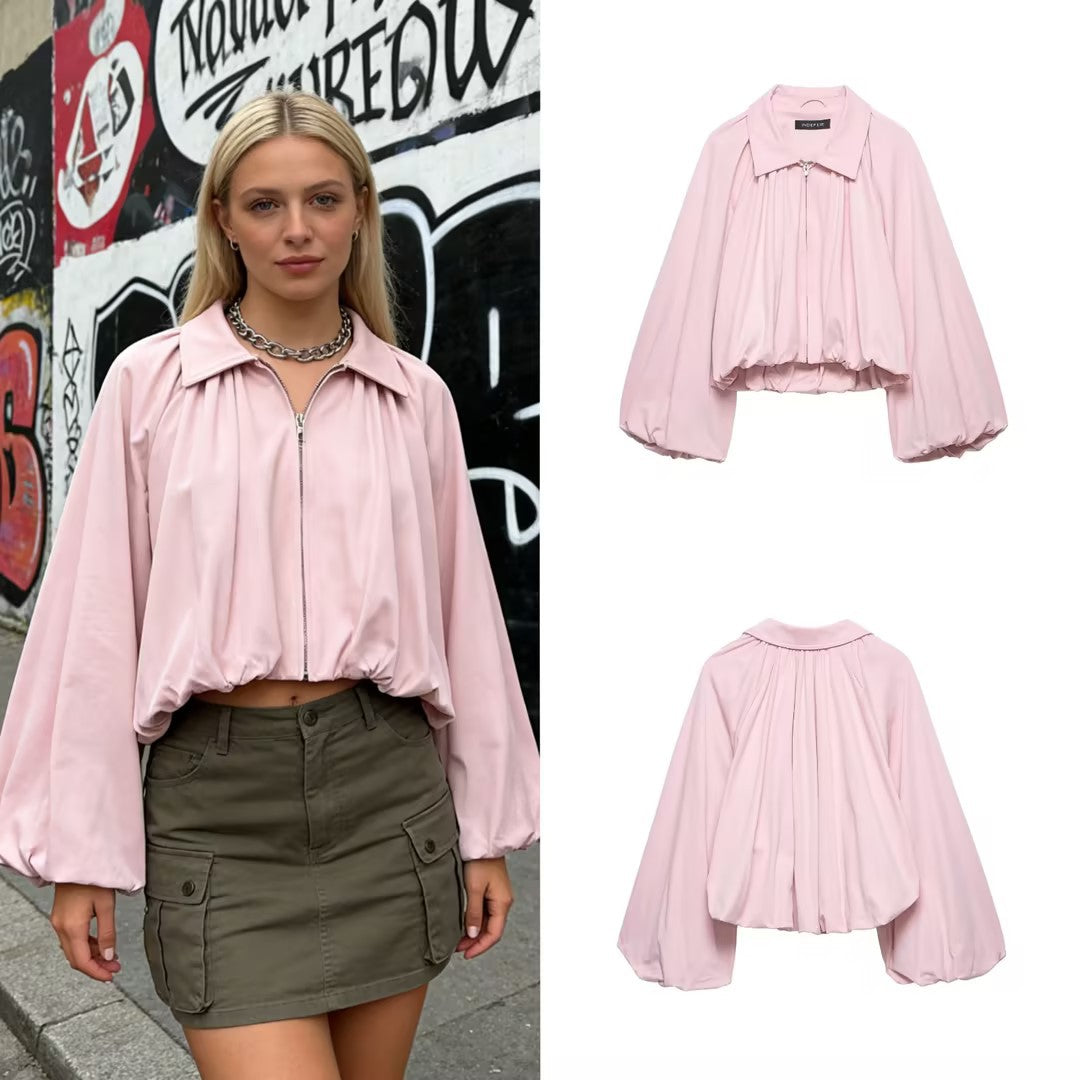 Women's Short Oversized Bomber Jacket with Voluminous Sleeves and Elastic Mune Fashion