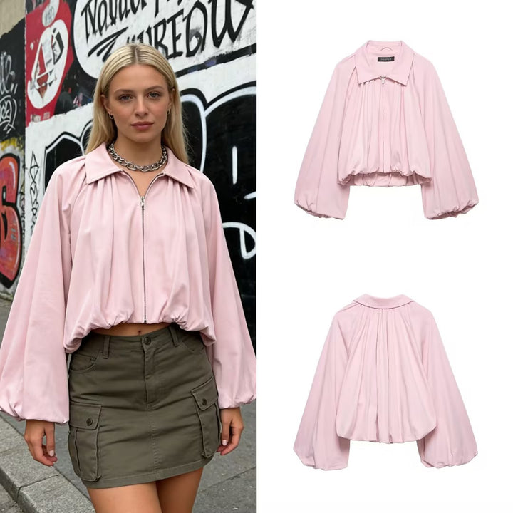 Women's Short Oversized Bomber Jacket with Voluminous Sleeves and Elastic Mune Fashion