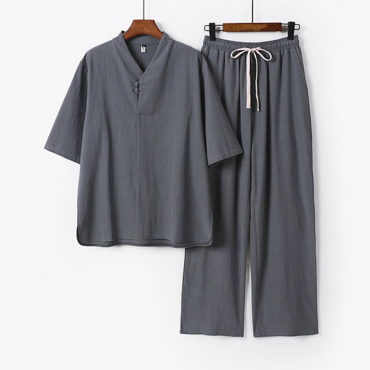 Men's Two-Piece Lightweight Loungewear Set with Stand Collar Short Sleeve Shirt and Drawstring Pants Mune Fashion