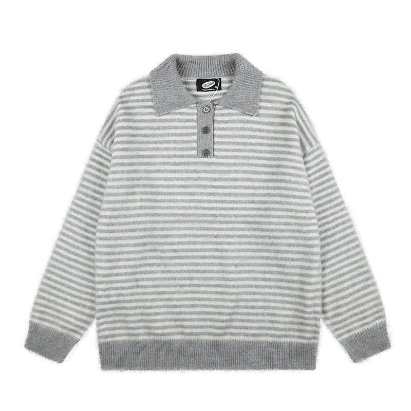 Women's Fluffy Knit Polo with Stripes, Contrasting Collar and Button Placket Mune Fashion