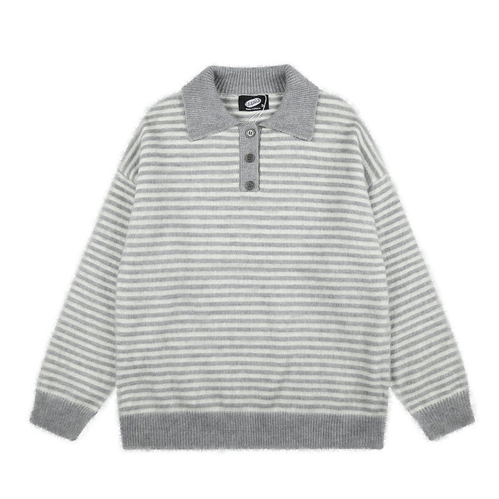Women's Fluffy Knit Polo with Stripes, Contrasting Collar and Button Placket Mune Fashion