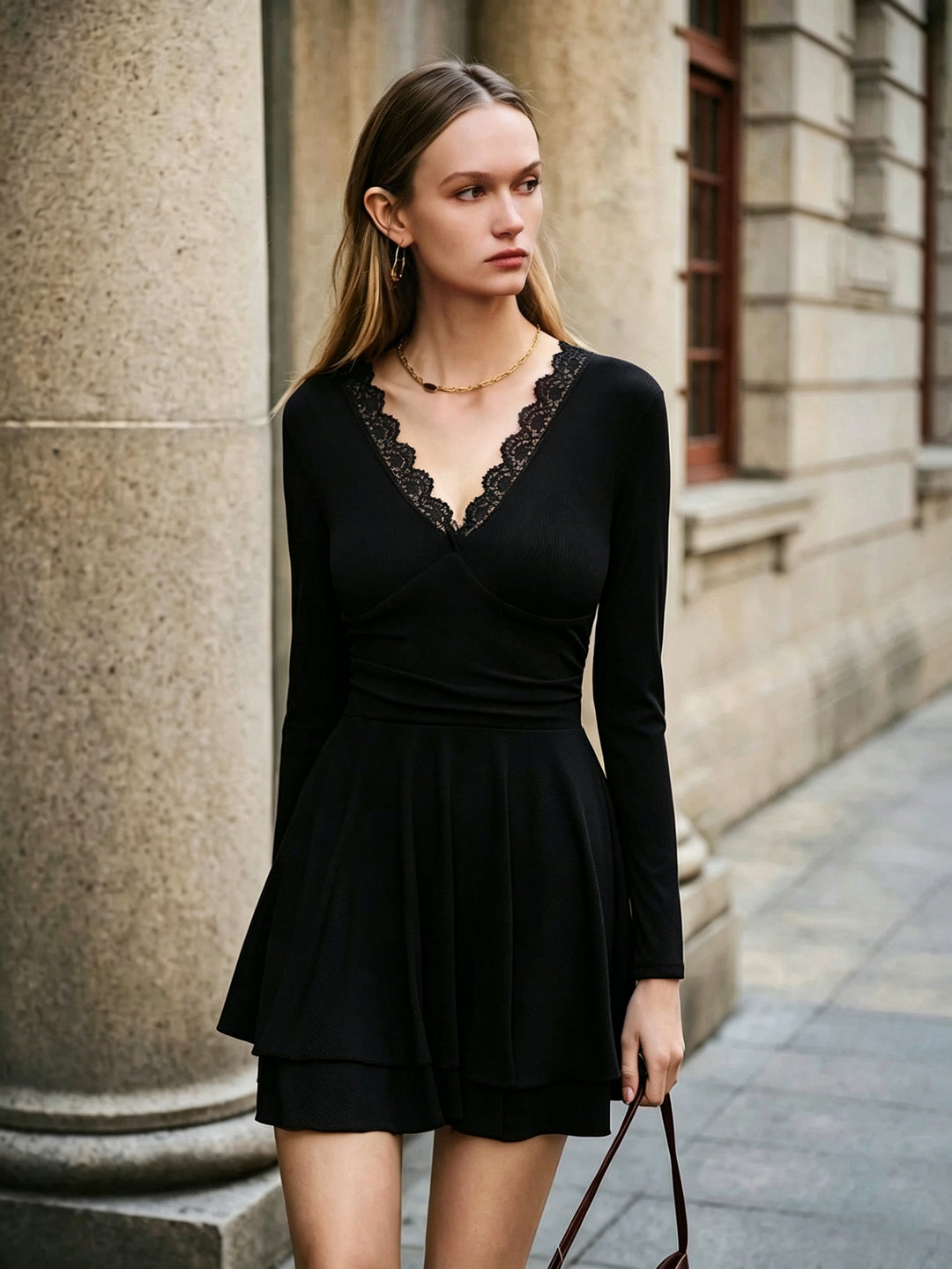 Women's elegant waist-defining midi dress with lace V-neck, shaping bustier seam, and tiered ruffled skirt Mune Fashion