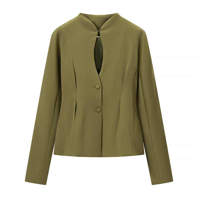 Women's Tailored Short Blazer without Lapels with Stand-Up Collar Look and Shaping Seams Mune Fashion