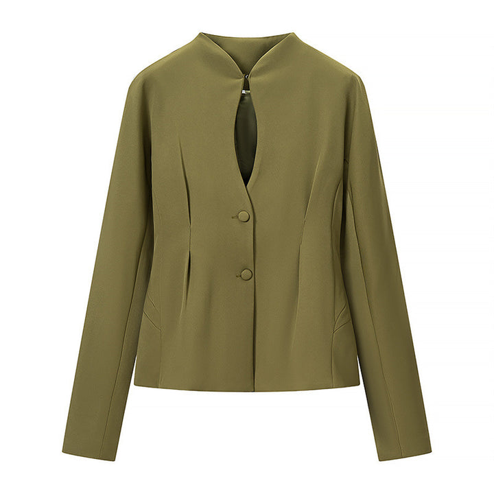 Women's Tailored Short Blazer without Lapels with Stand-Up Collar Look and Shaping Seams Mune Fashion