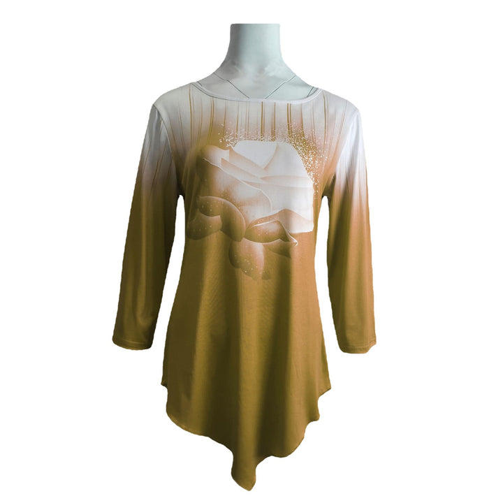 Ladies Asymmetrical Longline Tunic with Rose Print and Round Neckline Mune Fashion