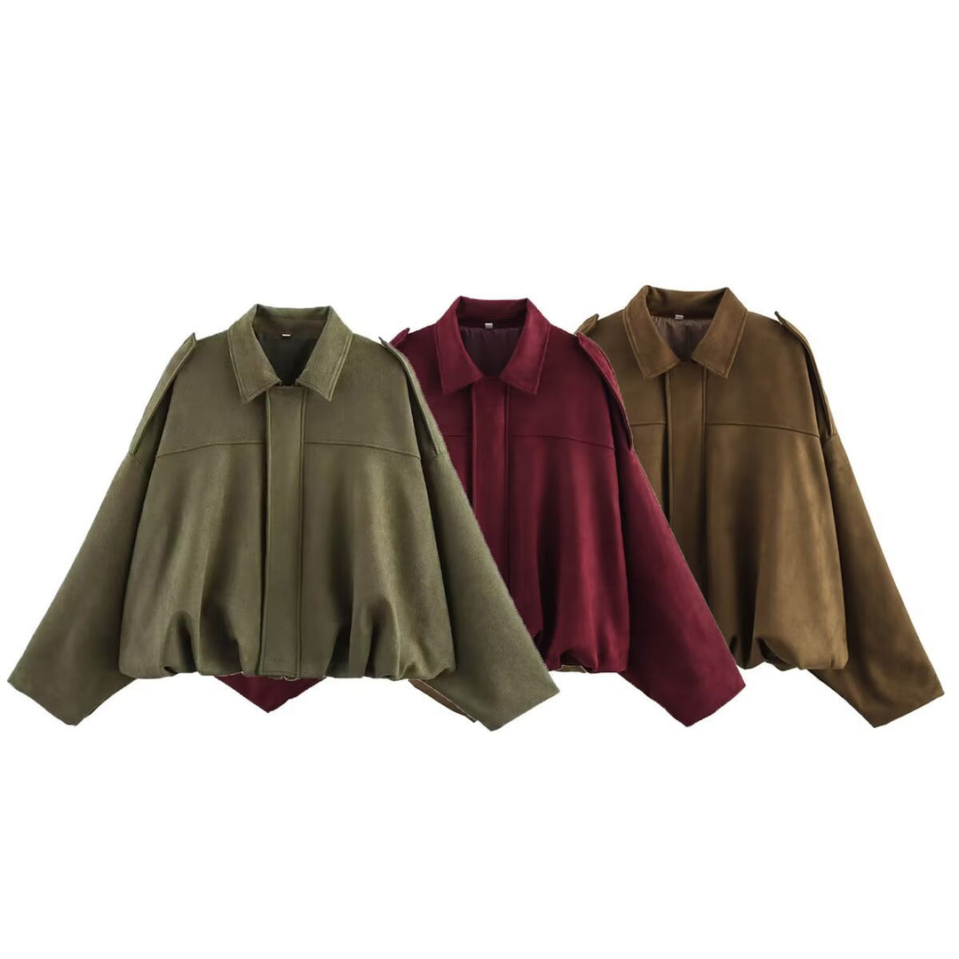 Women nan oversized suede bomber jacket with shoulder epaulettes Mune Fashion