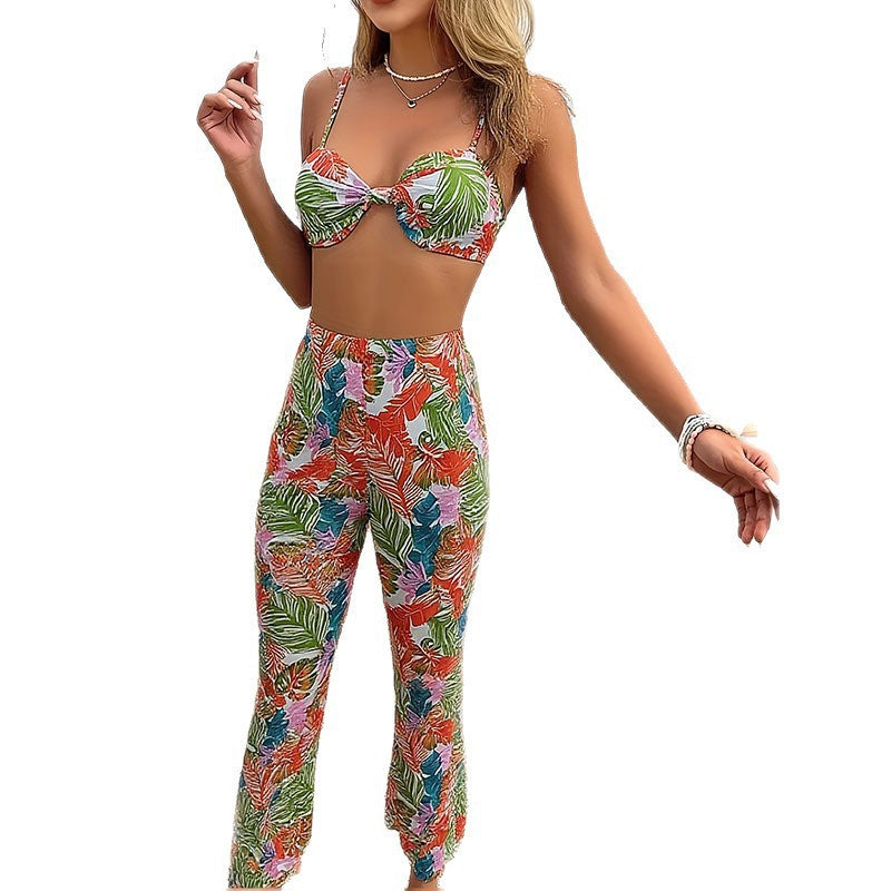 Women Pencil Pants Set with Floral Top Mune Fashion