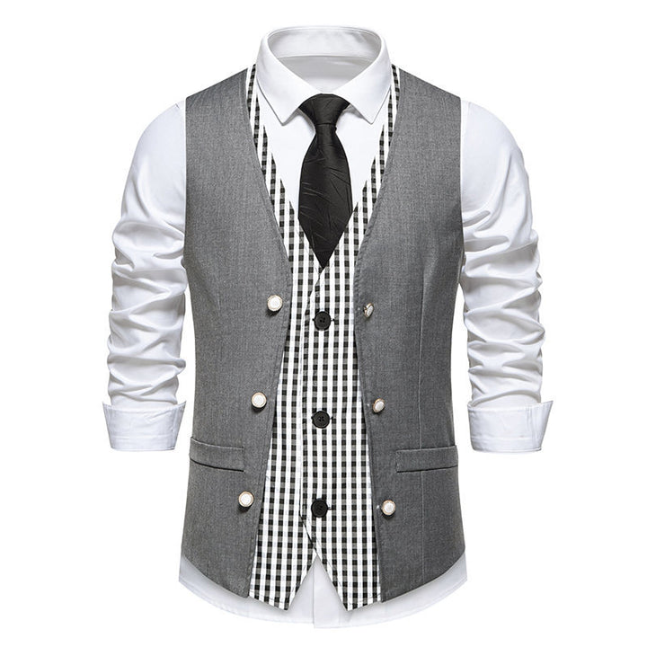 Men's elegant double-breasted suit vest with contrasting Vichy inner part Mune Fashion