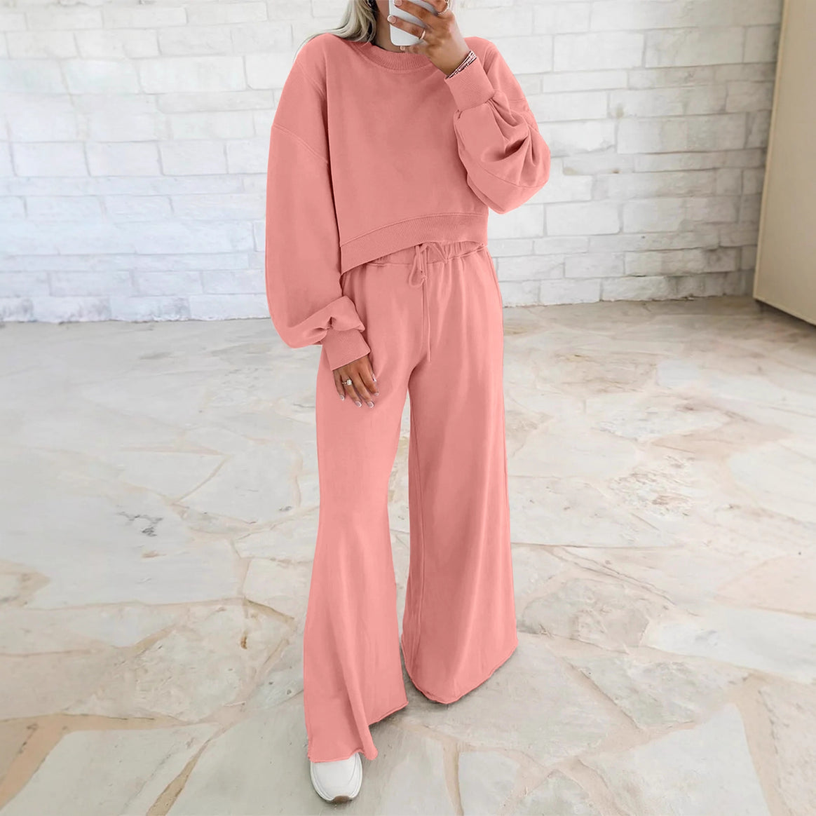 Women's Short Sweater and Palazzo Pants Lounge Set with Balloon Sleeves Mune Fashion