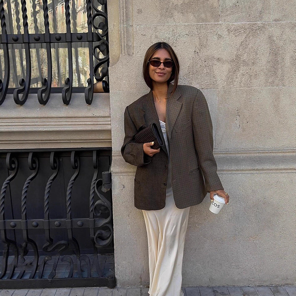 Women's Oversize Glencheck Long Blazer with boxy silhouette and structured shoulder