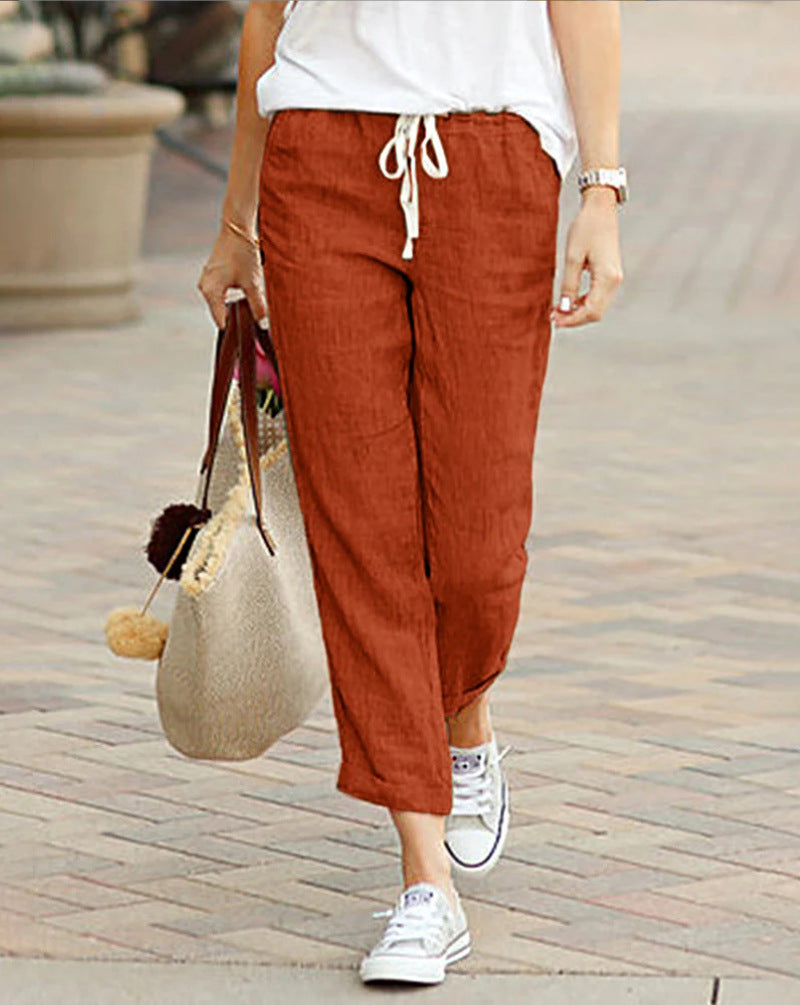 Women's lightweight linen blend pants with drawstring, loose culotte cut and ankle-length hem Mune Fashion