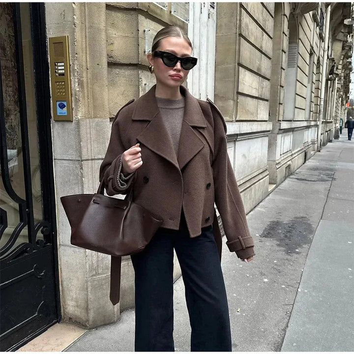 Women’s short cut double-breasted wool blend trench coat with waist belt Mune Fashion