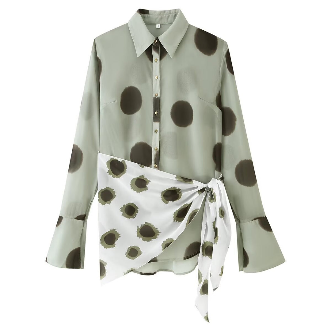 Women Semi-transparent Chiffon Blouse with Knot Scarf and Large Dot Print Mune Fashion