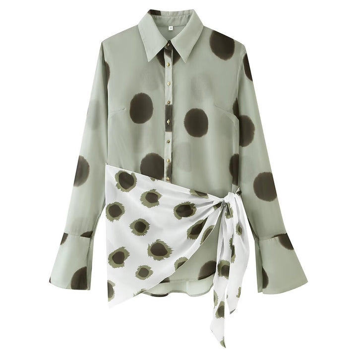 Women Semi-transparent Chiffon Blouse with Knot Scarf and Large Dot Print Mune Fashion