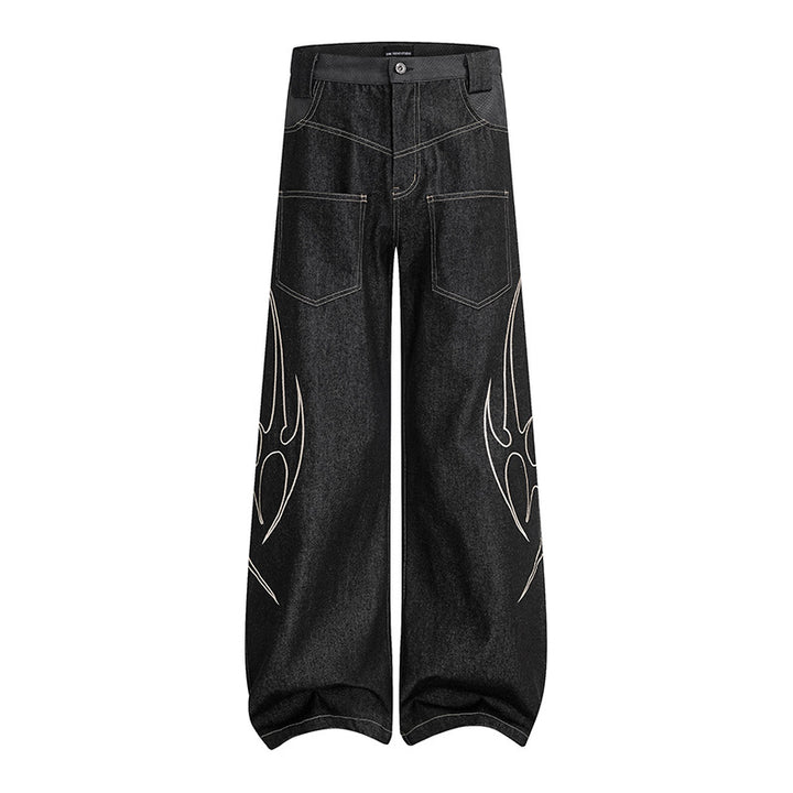 Women's Loose High-Waist Denim Cargo Pants with Flame Embroidery and Patch Pockets Mune Fashion
