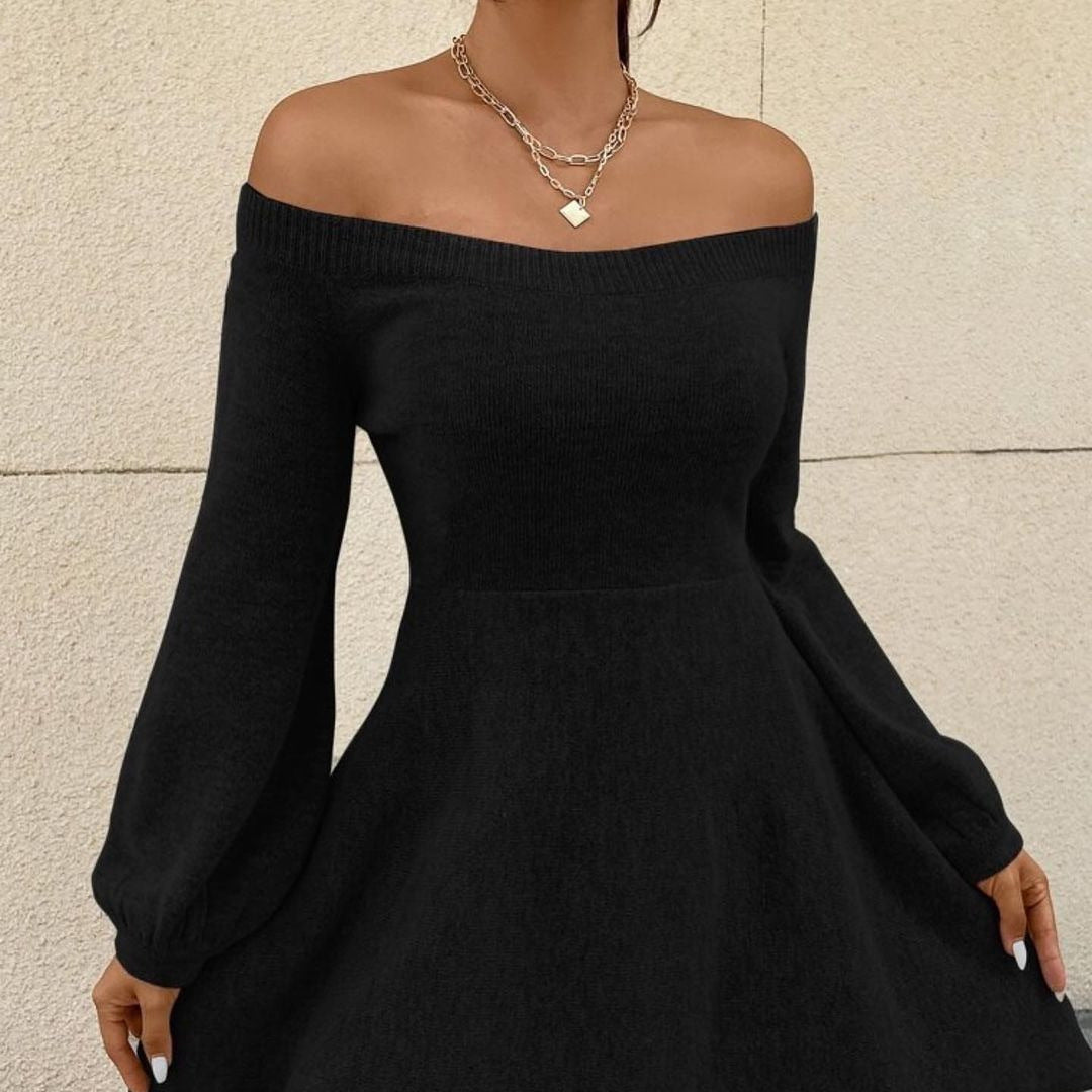 Women's Off-Shoulder Fine Knit Dress with Fitted Cut and Balloon Sleeves Mune Fashion