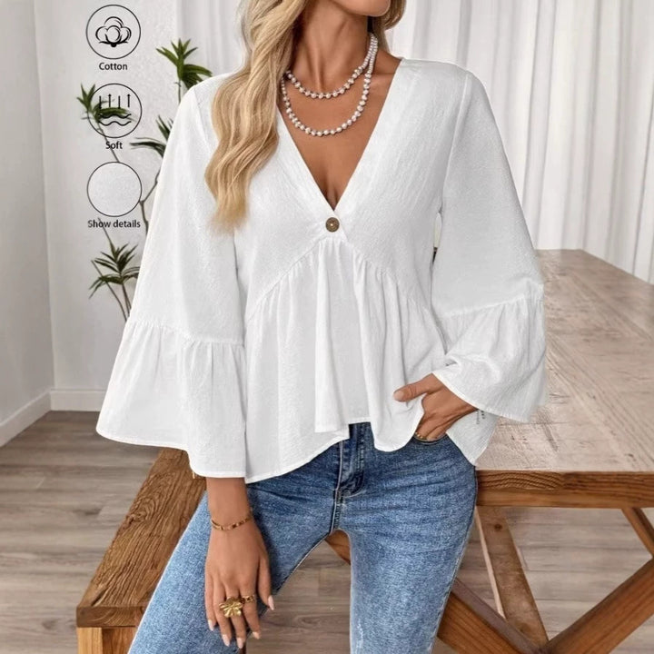 Women's elegant empire blouse with V-neck, gathered bust seam and bell sleeves Mune Fashion