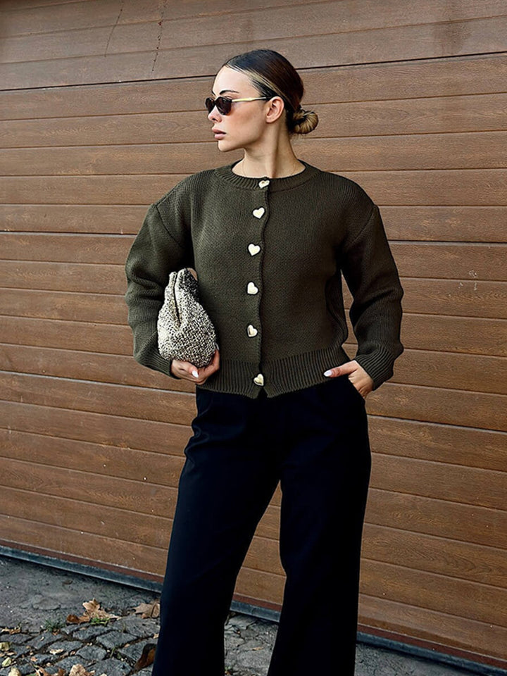 Women's Short Cardigan with Heart Buttons, Textured Fine Knit Look & Ribbed Hem Mune Fashion