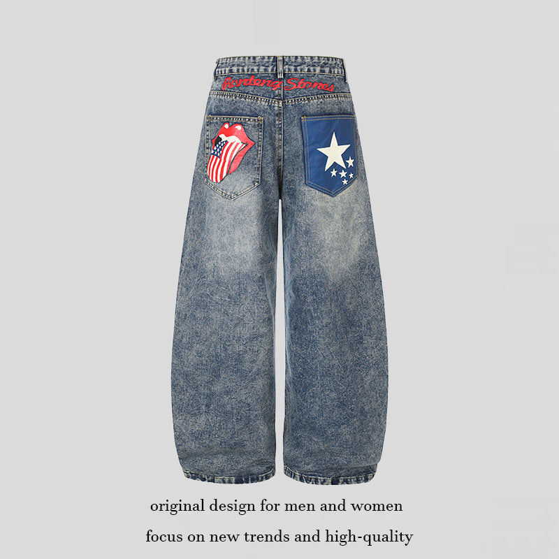 Women's High-Waist Wide Palazzo Jeans with Statement Patches and Retro Embellishments Mune Fashion