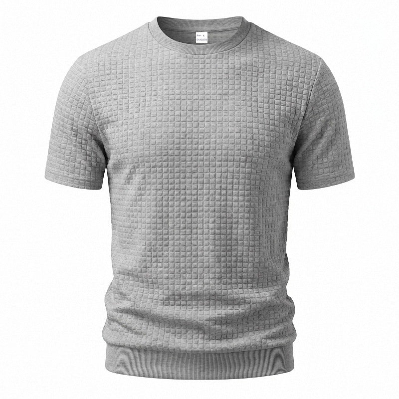 Men's short-sleeved knit shirt with embossed check structure, round neckline, and ribbed hem Mune Fashion