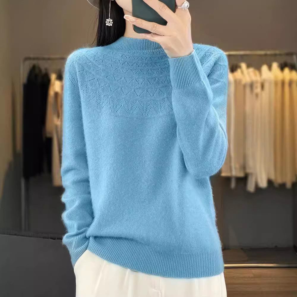 Women's Cozy Mohair Look Pullover with Decorative Structure on the Top and High Collar Mune Fashion
