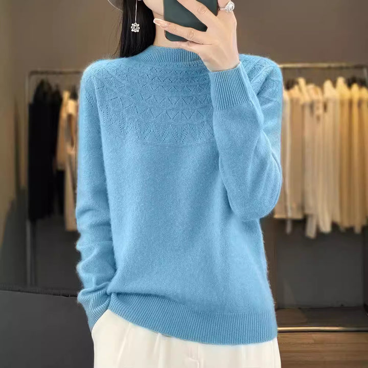 Women's Cozy Mohair Look Pullover with Decorative Structure on the Top and High Collar Mune Fashion