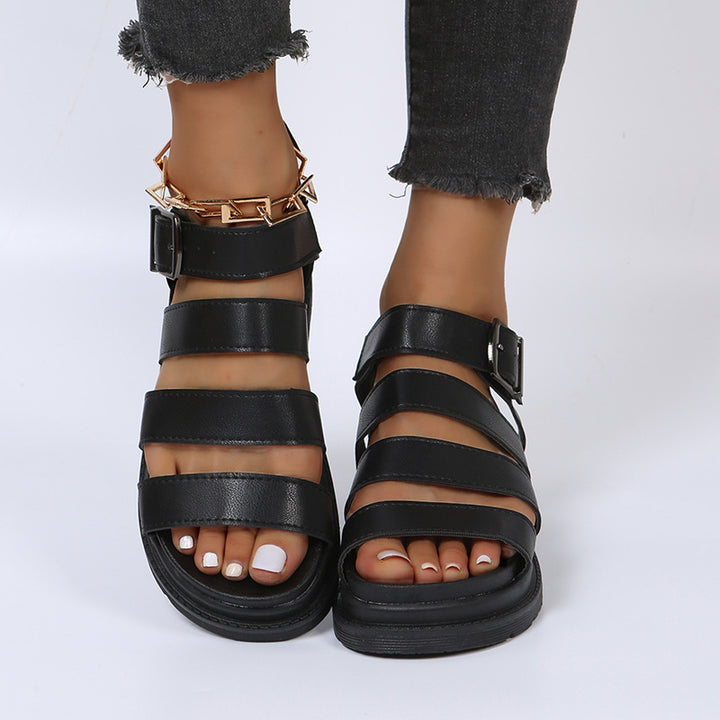 Women's comfortable gladiator sandals with extra cushioned comfort footbed, four wide straps, and adjustable metal buckle Mune Fashion