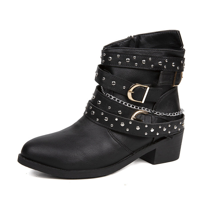 Women's ankle-height biker ankle boots with studded strap, chain and buckle details Mune Fashion