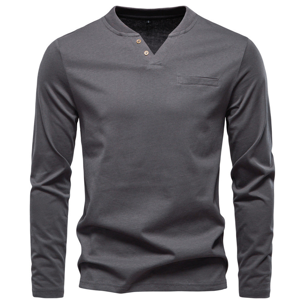Men's tailored long sleeve shirt in Henley style with short V-neck, decorative buttons, and chest pocket Mune Fashion