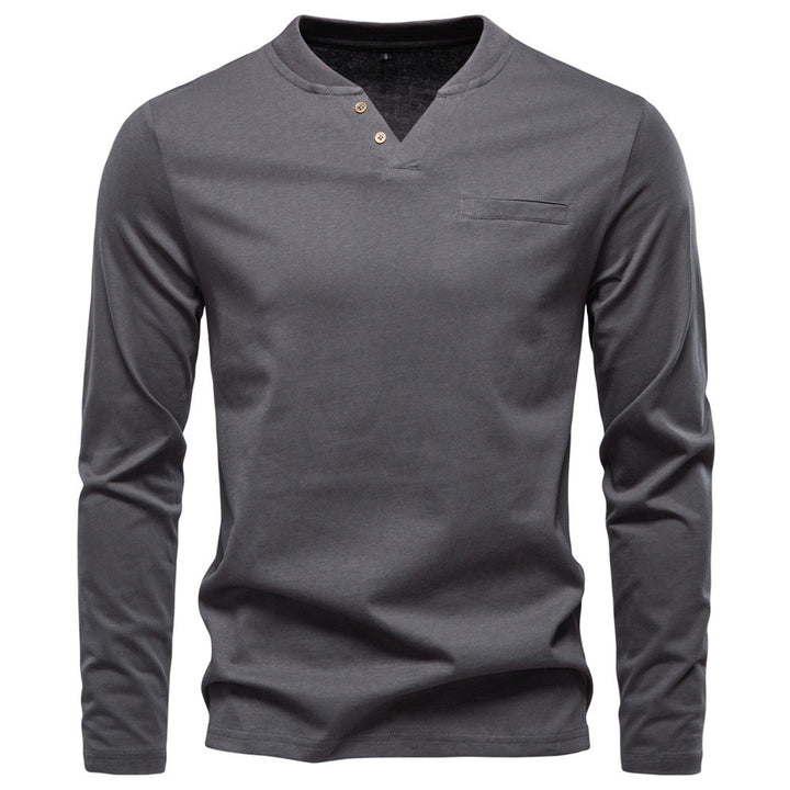 Men's tailored long sleeve shirt in Henley style with short V-neck, decorative buttons, and chest pocket Mune Fashion