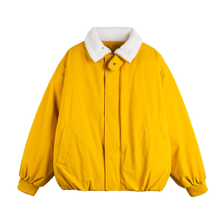 Unisex Short Cut Boxy Bomber Jacket with Teddy Turn-Down Collar and Concealed Front Mune Fashion