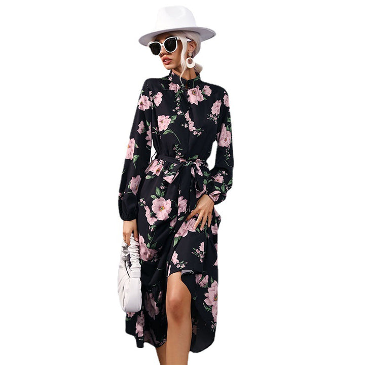 Women's maxi dress with stand-up collar, floral print, waistband and ruffle tier Mune Fashion