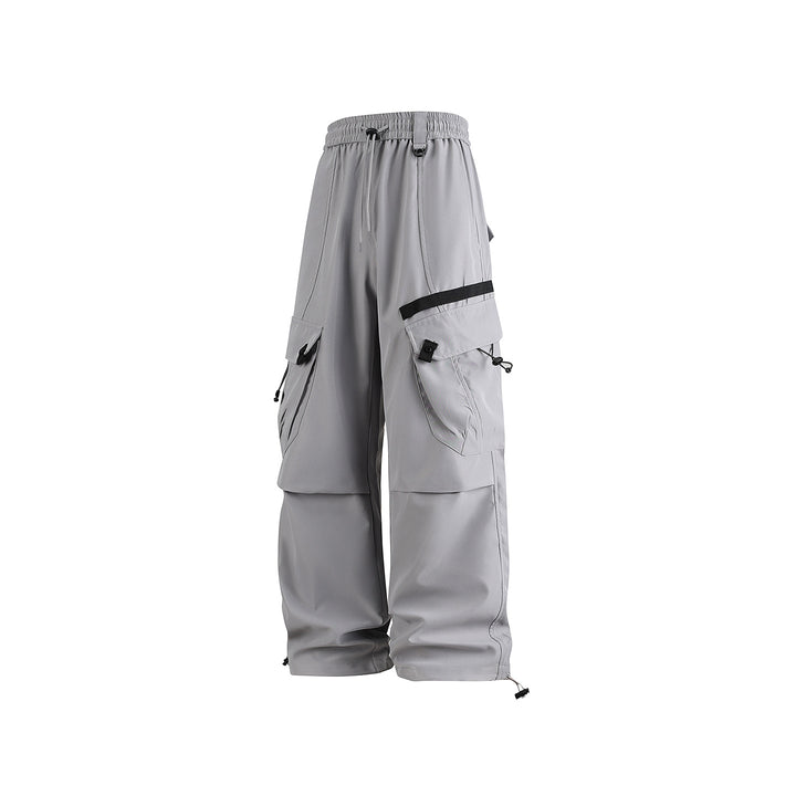 Men's Wide Utility Cargo Pants with Drawstring Waist, Multiple Pockets, and Adjustable Leg Openings Drune