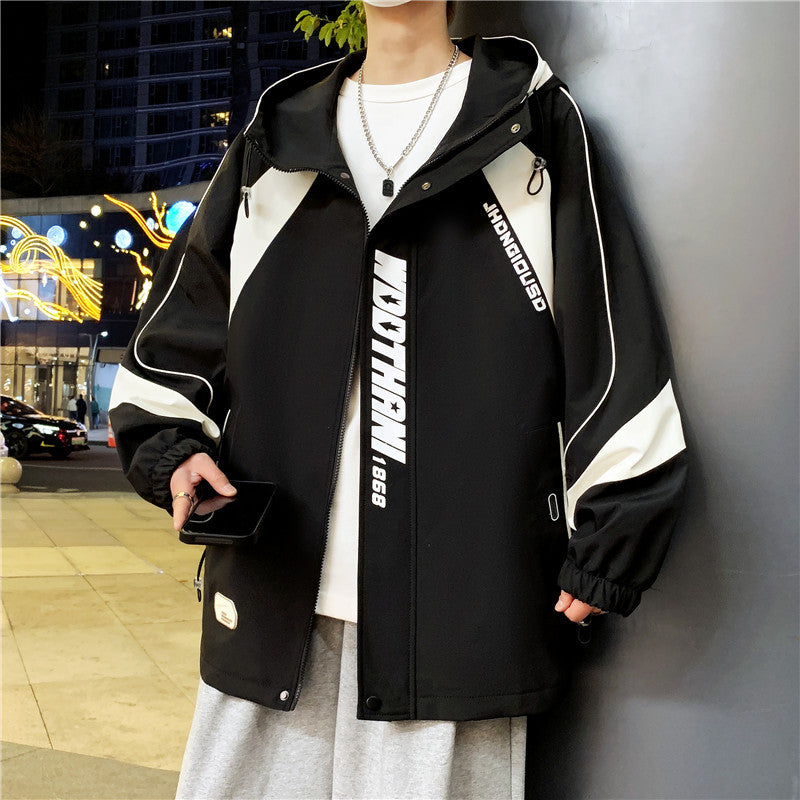 Men's Oversized Windbreaker with Hood, Sporty Front Print and Contrast Panels Mune Fashion