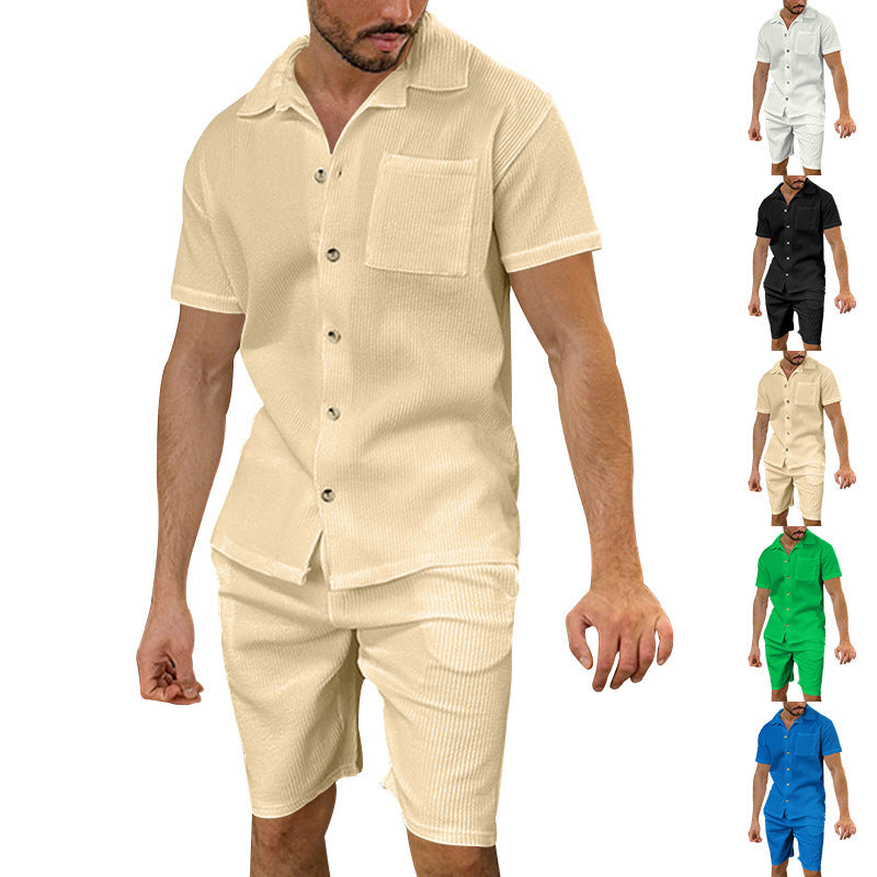 Men's casual two-piece leisure set made of ribbed jersey with shirt collar button placket and shorts Mune Fashion