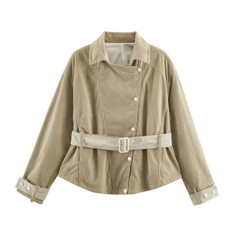 Women’s corduroy short jacket with fitted belt and snap button placket Mune Fashion