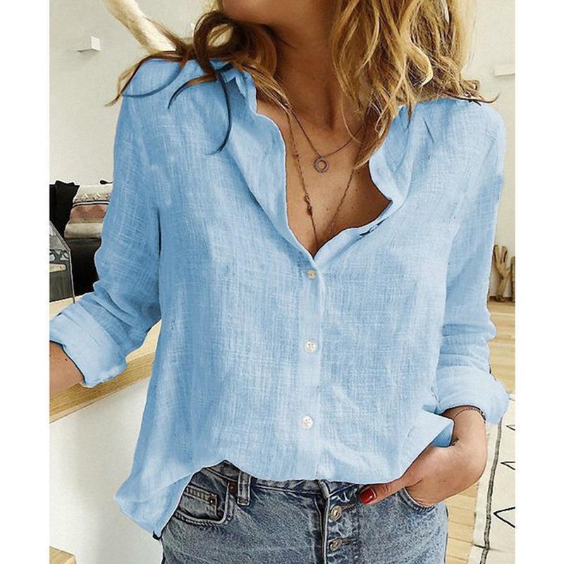 Women's breathable cotton-linen tunic blouse with Kent collar, buttoned V-neck and rounded hem Drune