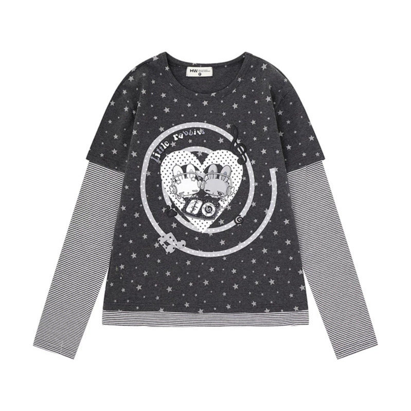 Women's Layered Long Sleeve Shirt with Allover Stars, Striped Insert Sleeves and Comic Bunny Front Print Mune Fashion