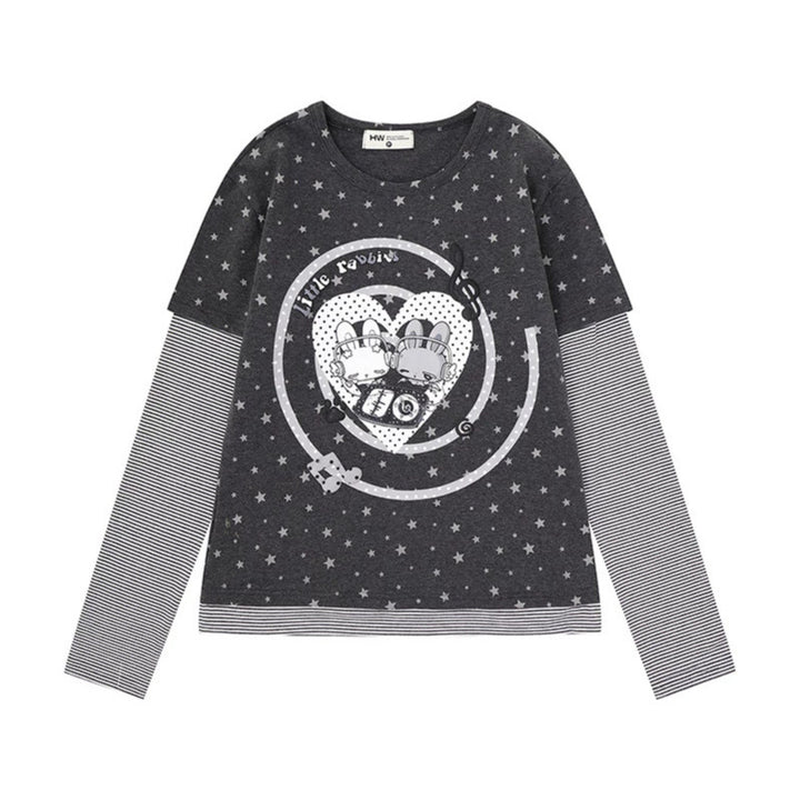 Women's Layered Long Sleeve Shirt with Allover Stars, Striped Insert Sleeves and Comic Bunny Front Print Mune Fashion