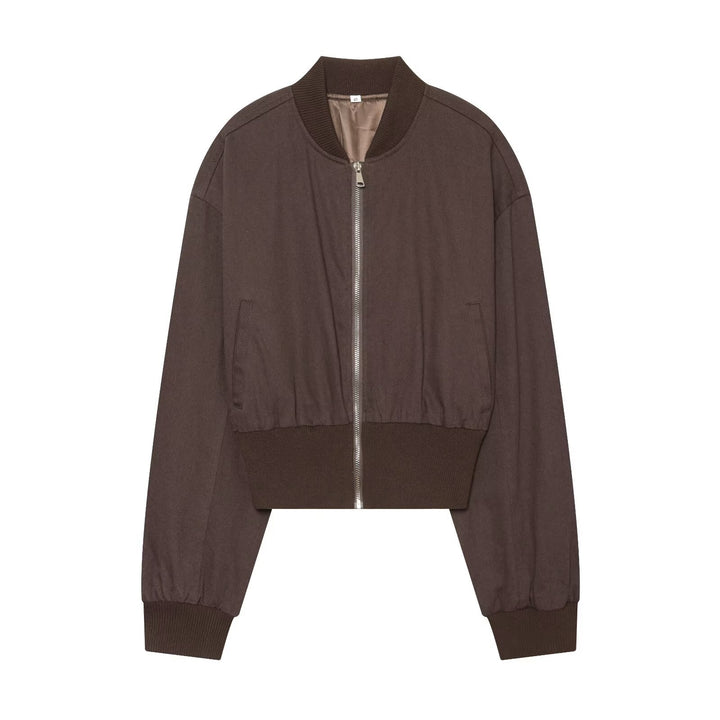 Women's Cropped Bomber Jacket with Wide Ribbed Cuff and Continuous Zipper Mune Fashion