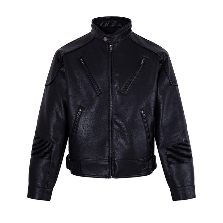 Men's biker jacket made of faux leather with stand-up collar, zipper pockets, and quilted elbow area Mune Fashion