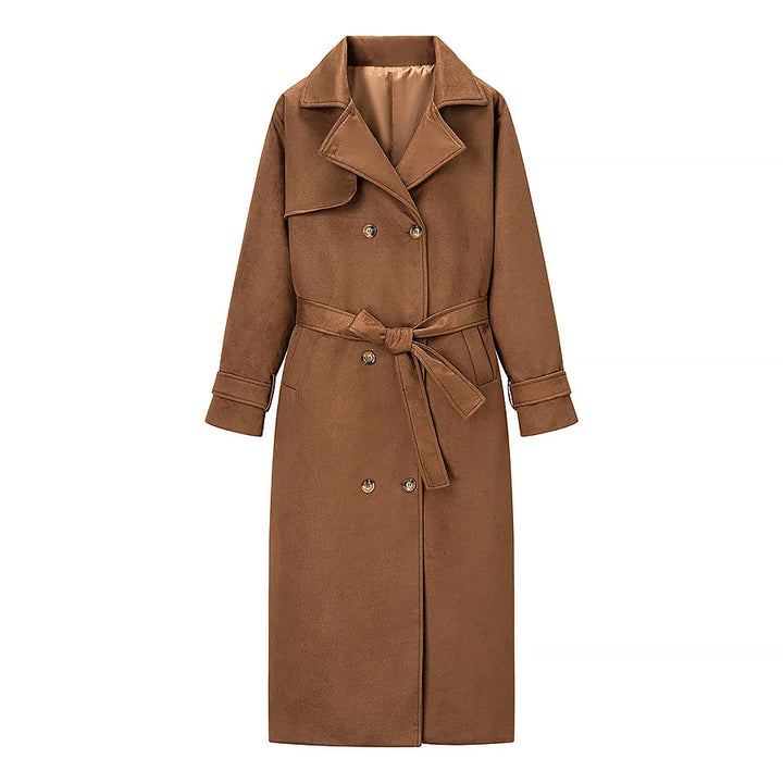 Women's long coat in trench coat style with double-breasted tie belt and shawl collar Mune Fashion